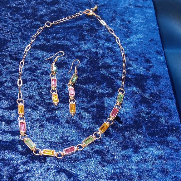 Necklace set new gold plated necklace earrings blue pink - Picture 3 of 3